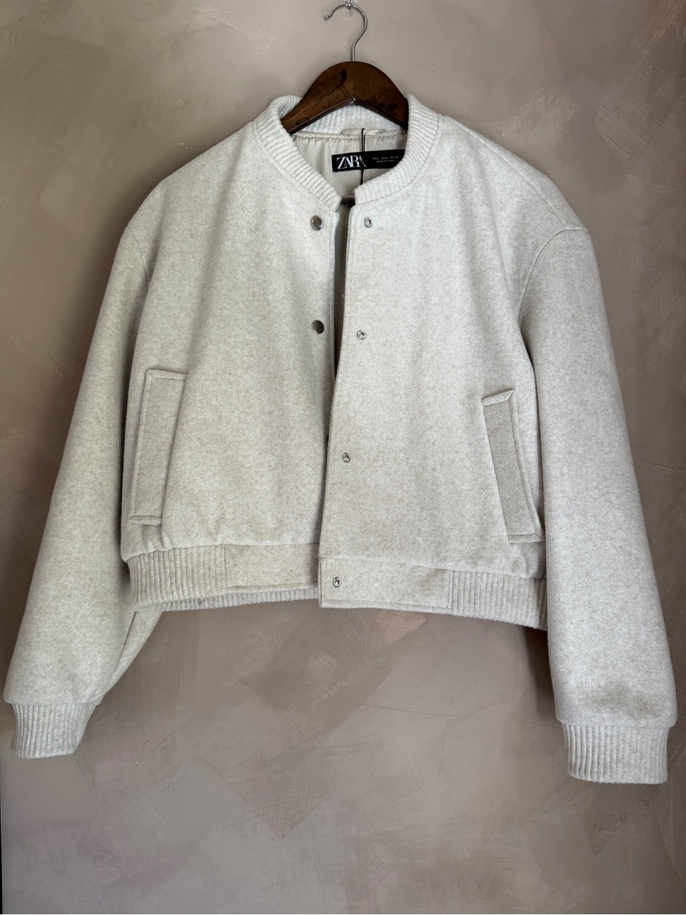 NWT Zara Cream Wool Blend Bomber Jacket Ribbed Trim Oversized Coat